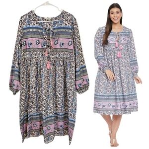 Gypsy Blu Mixed Printed Bohemian Long Sleeve Midi Cutout Tassel Dress